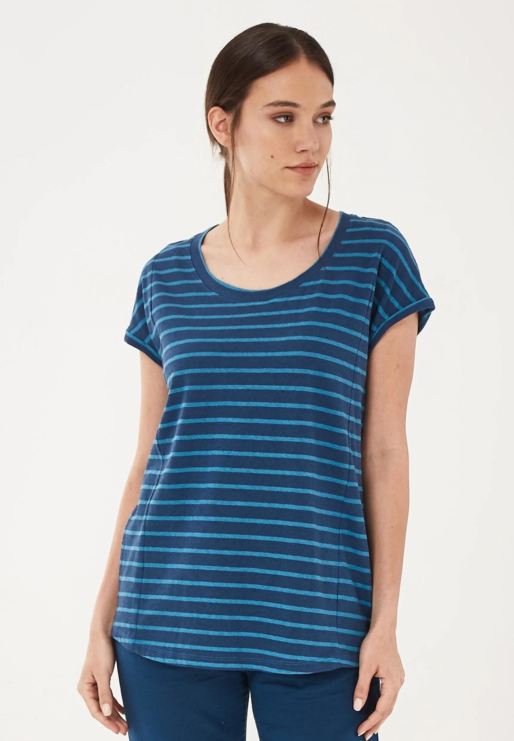 Yarn-Dyed Striped Linen Blend T-Shirt Navy / Ocean sold by Ivalo.com