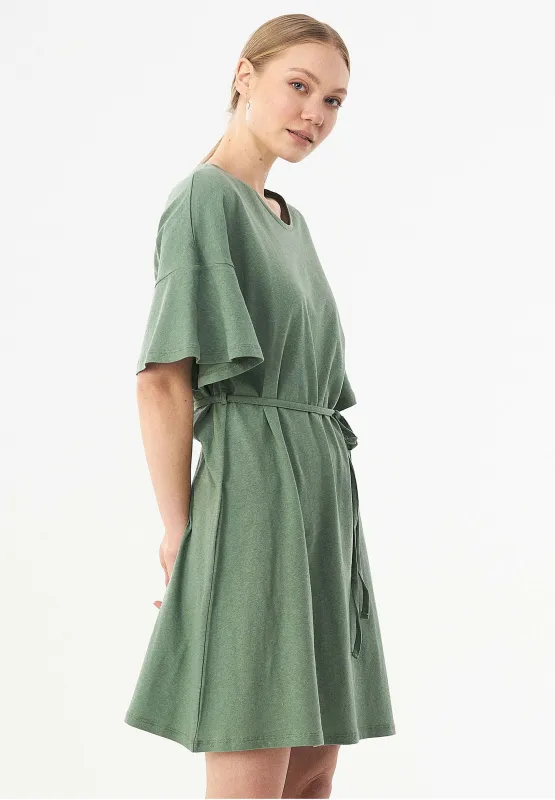Relaxed Fit Belted Linen Blend Jersey Dress Fern Green sold by Ivalo.com
