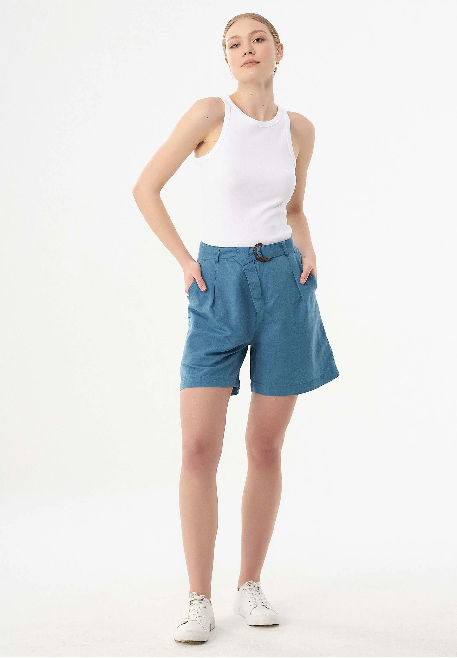 Belted Linen-Cotton Shorts Petrol Blue sold by Ivalo.com