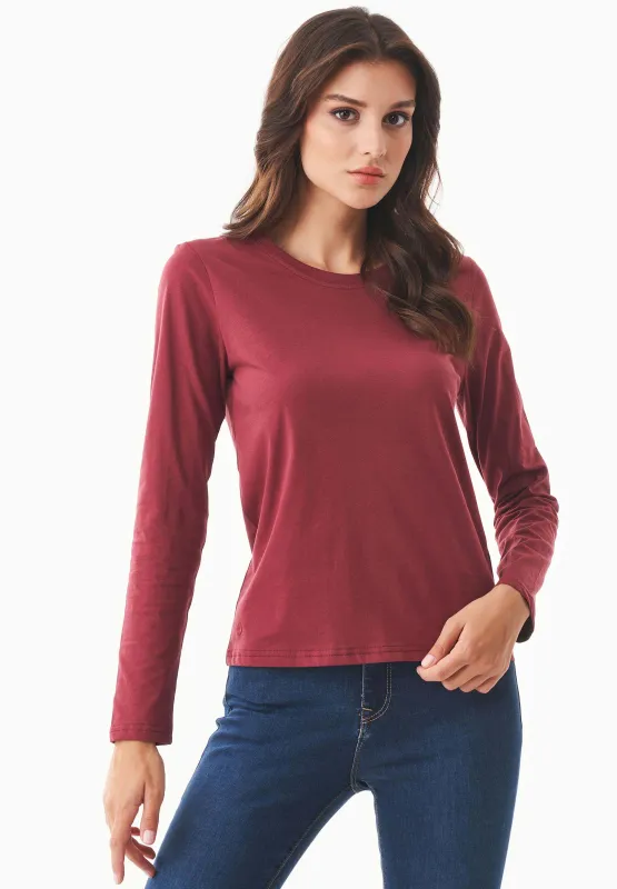 Women's Casual Long-Sleeved T-Shirt Syrah Red sold by Ivalo.com