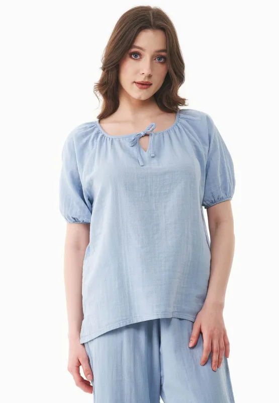Short Sleeved Muslin Blouse Ice Blue sold by Ivalo.com