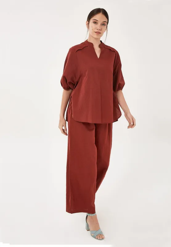 V-Neck Linen Cotton Blend Blouse Hot Chocolate sold by Ivalo.com