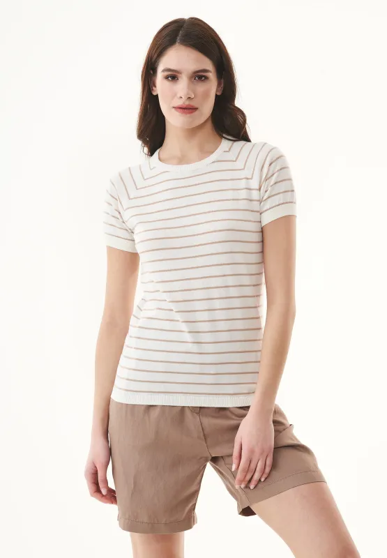 Women's Fine-Knit Organic Cotton T-Shirt Striped Off-White/Beige sold by Ivalo.com