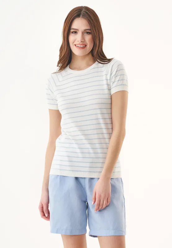 Women's Fine-Knit Organic Cotton T-Shirt Striped Off-White/Mid Blue sold by Ivalo.com