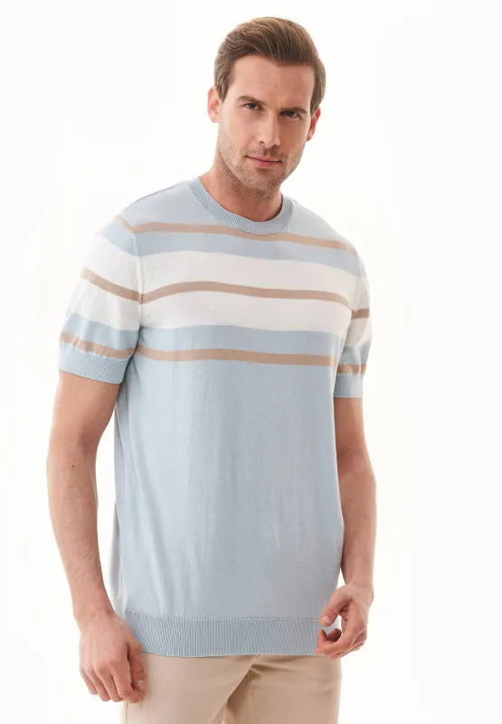 Men's Fine-Knit Organic Cotton T-Shirt Striped Blue Haze/Beige/Off-White sold by Ivalo.com
