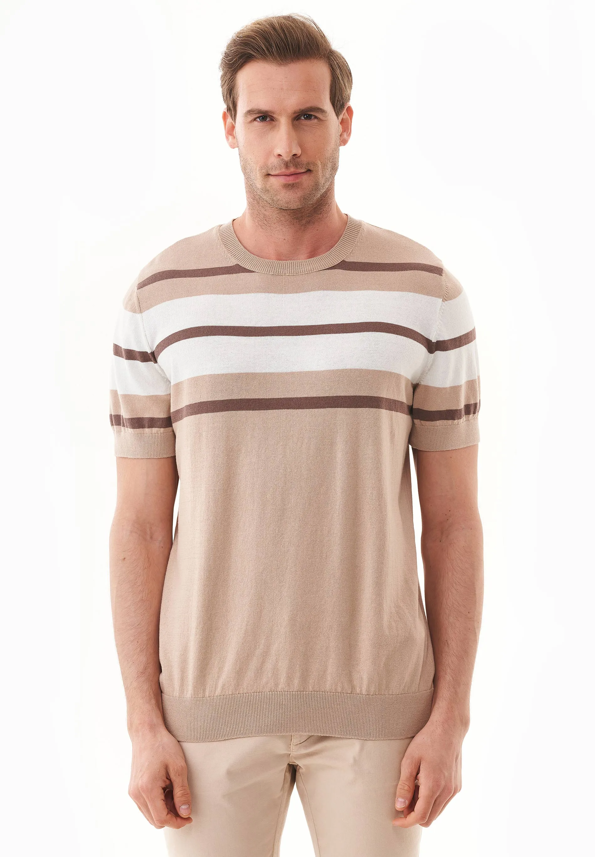 Men's Fine-Knit Organic Cotton T-Shirt Striped Beige/Deep Taupe/Off-White sold by Ivalo.com product image thumbnail 5