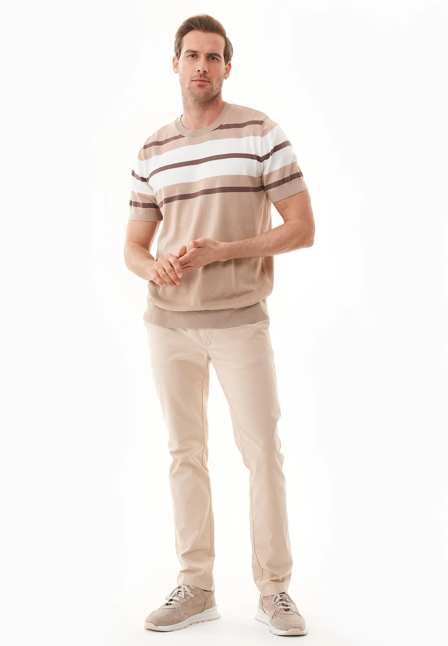 Men's Fine-Knit Organic Cotton T-Shirt Striped Beige/Deep Taupe/Off-White sold by Ivalo.com product image thumbnail 3