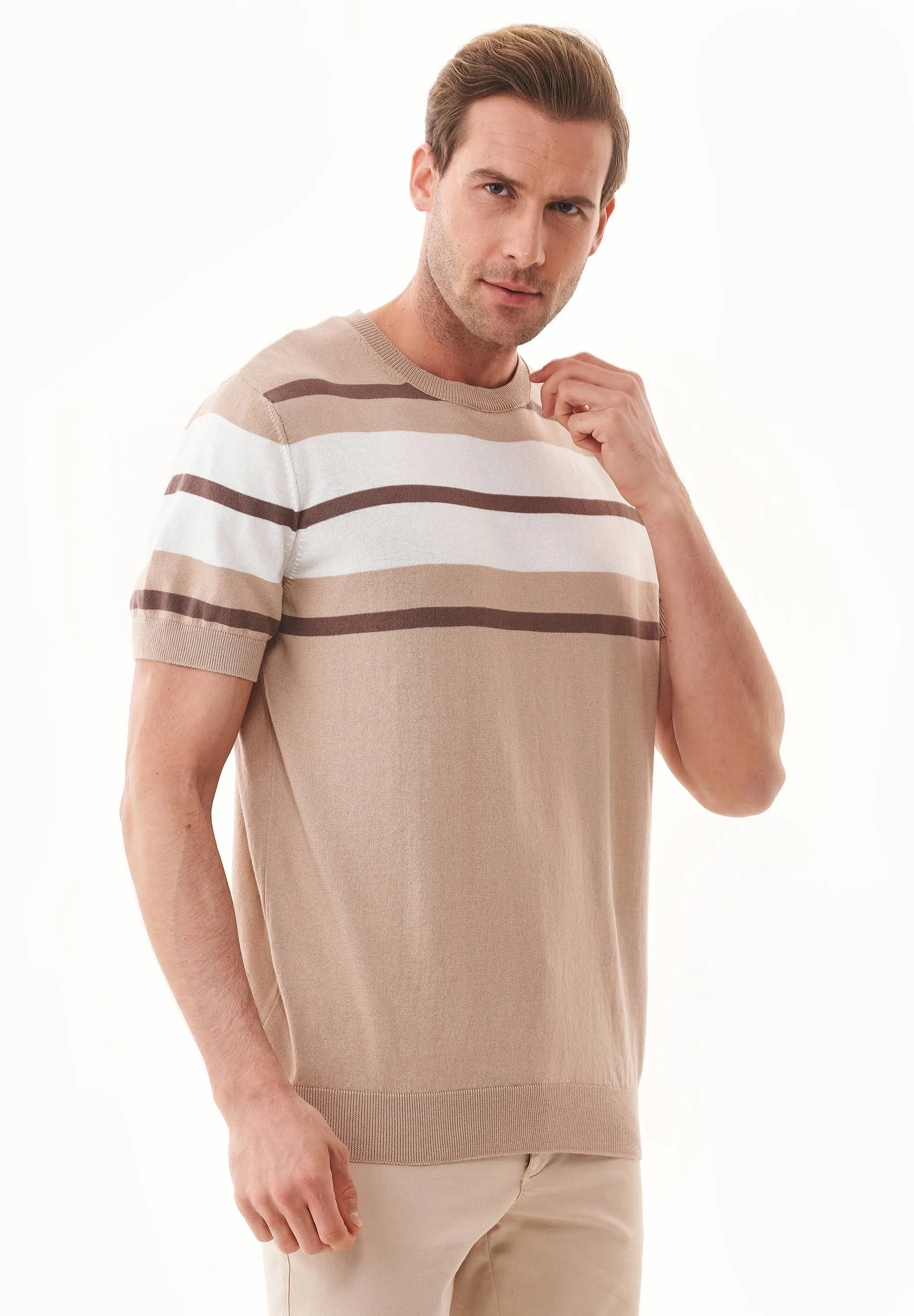 Men's Fine-Knit Organic Cotton T-Shirt Striped Beige/Deep Taupe/Off-White sold by Ivalo.com