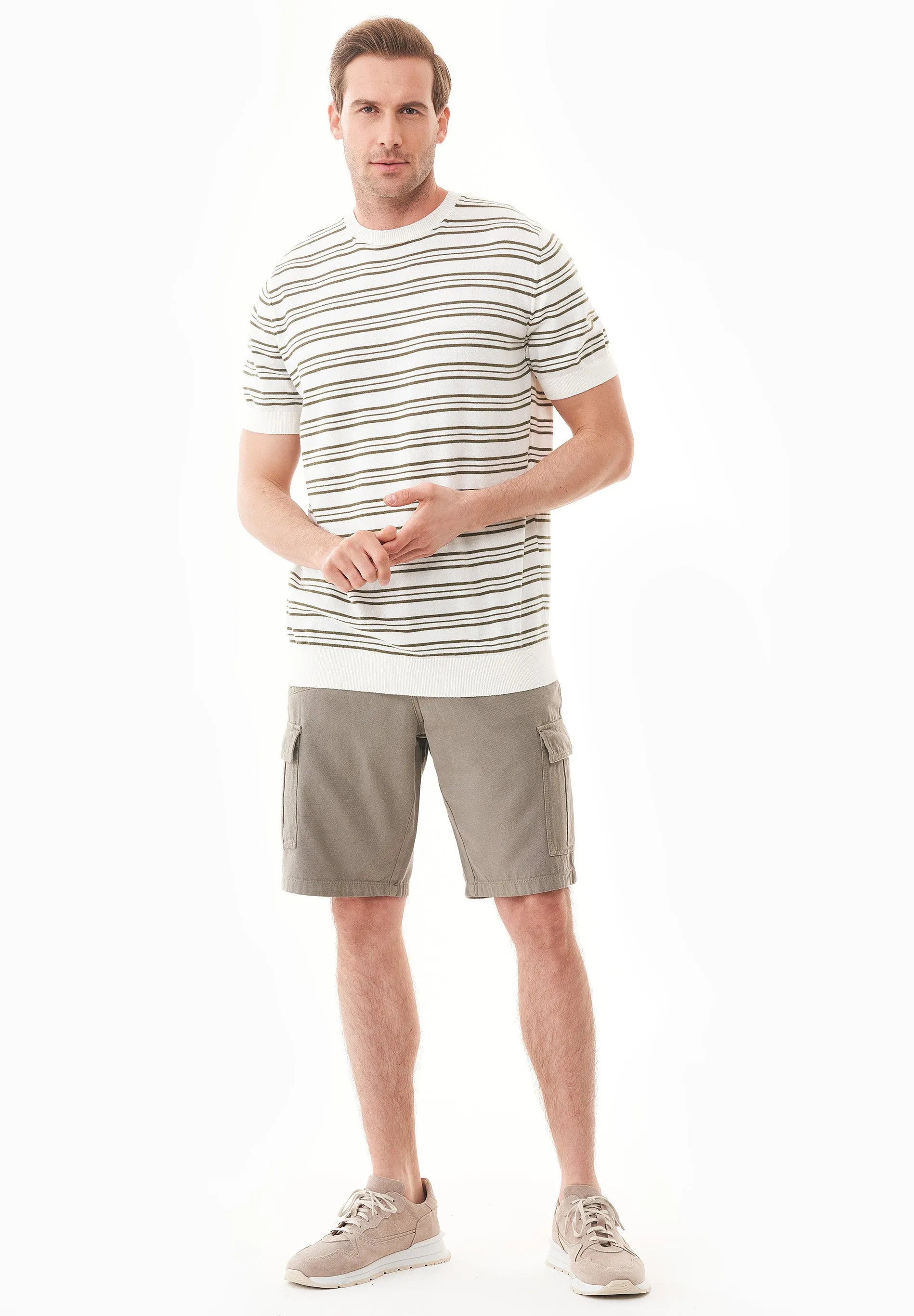 Men's Fine-Knit Organic Cotton T-Shirt Striped Off-White/Khaki sold by Ivalo.com product image thumbnail 3