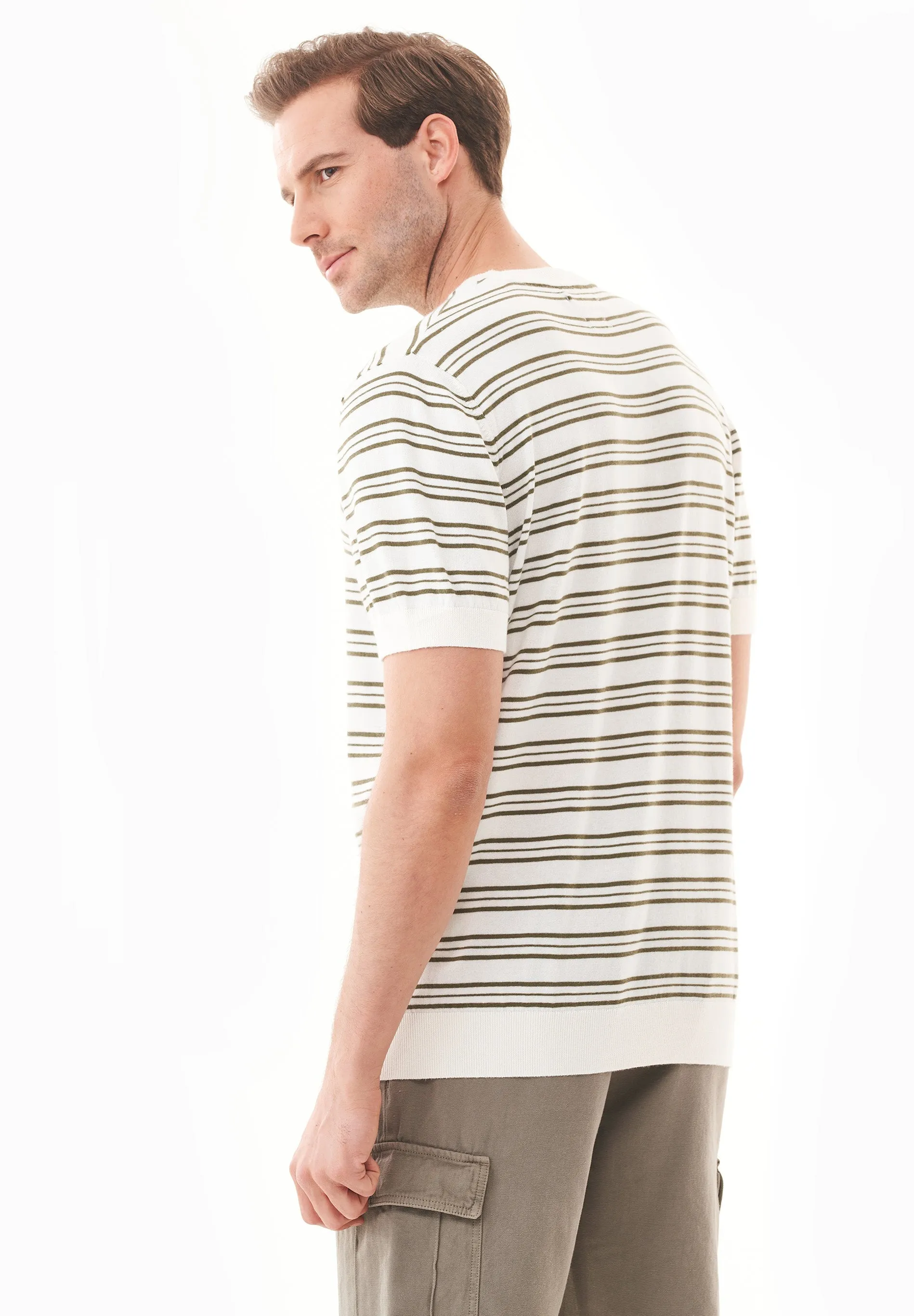 Men's Fine-Knit Organic Cotton T-Shirt Striped Off-White/Khaki sold by Ivalo.com product image thumbnail 4