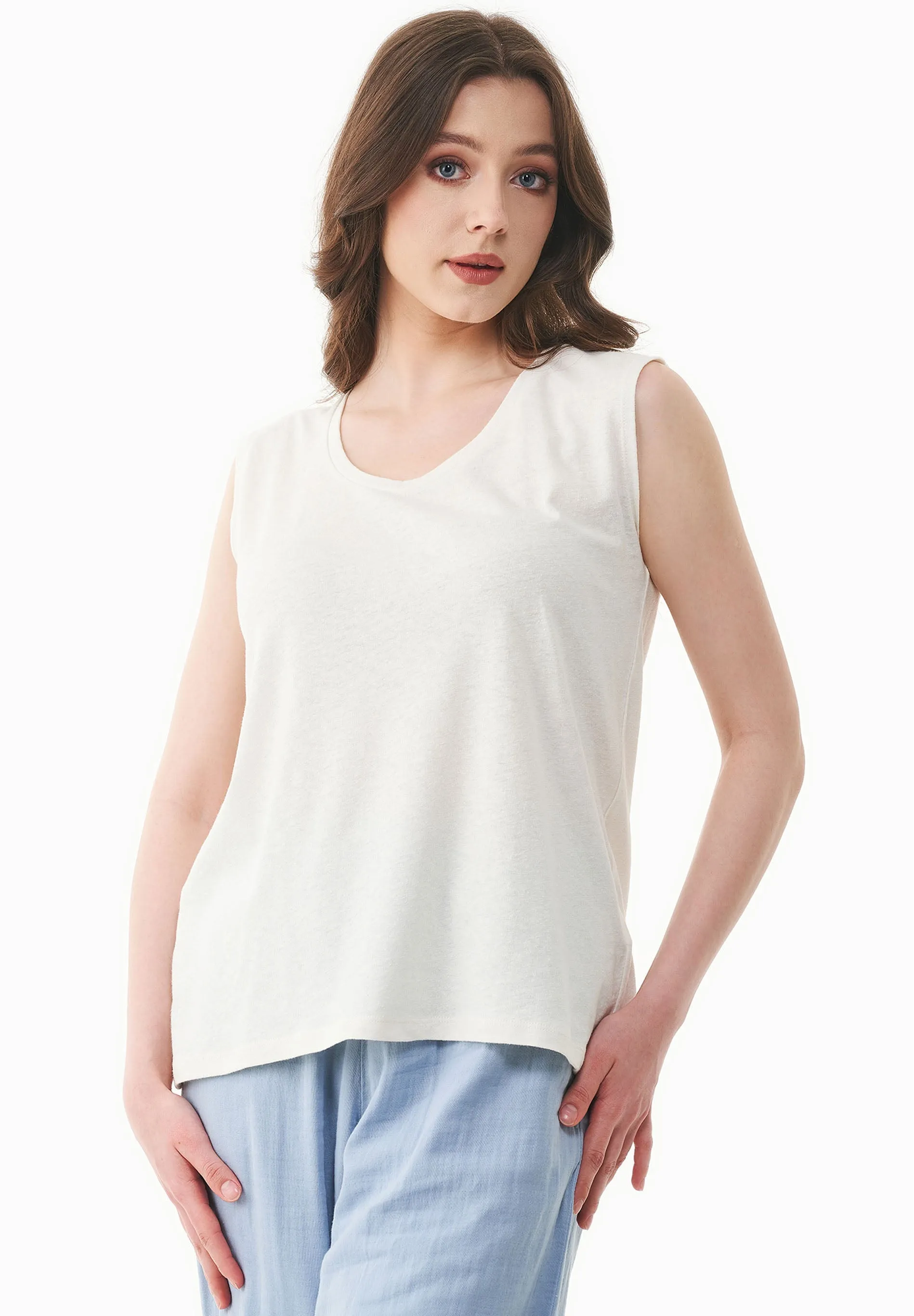 Deep Round Neck Linen Blend Jersey Top Off White sold by Ivalo.com