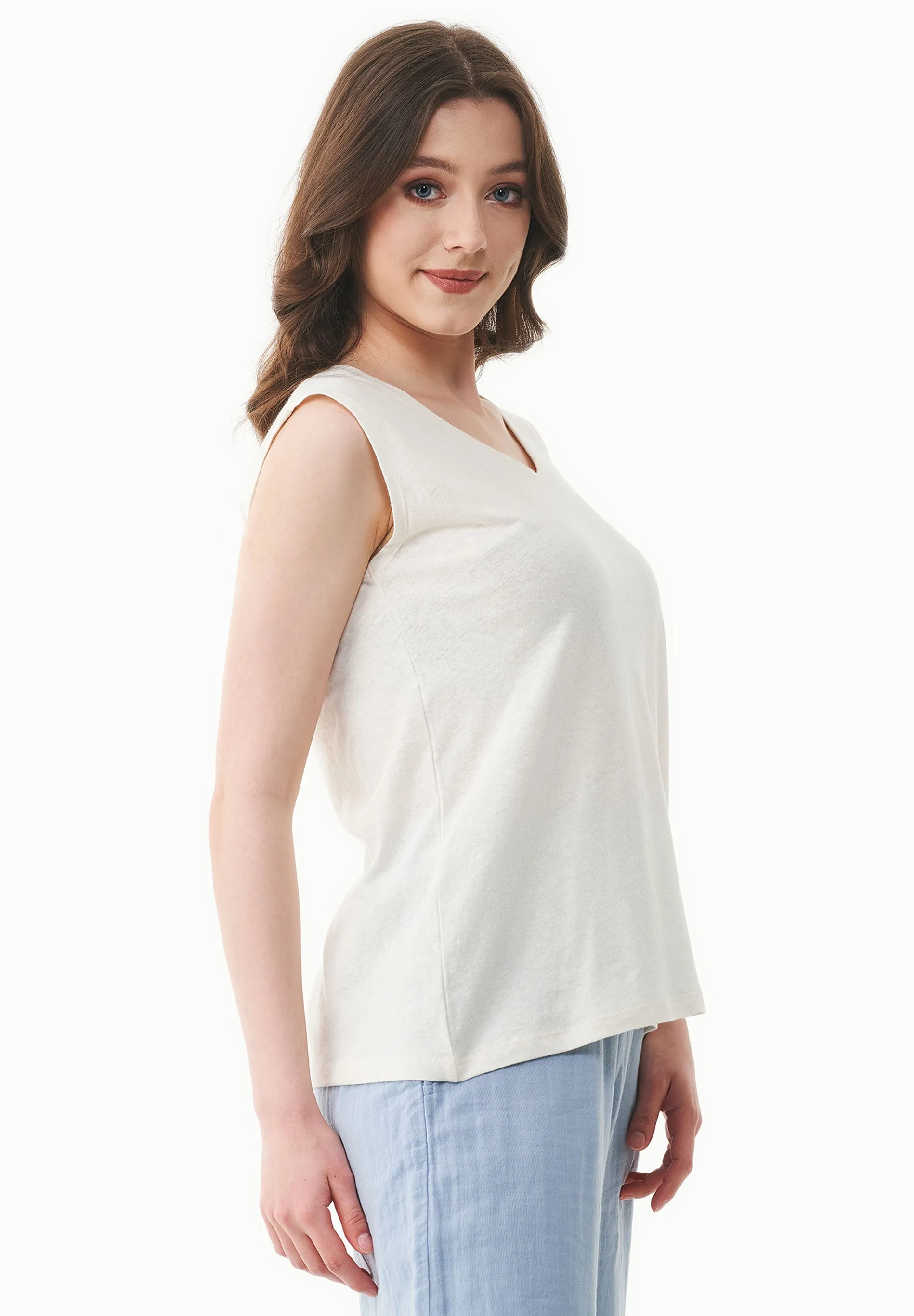 Deep Round Neck Linen Blend Jersey Top Off White sold by Ivalo.com product image thumbnail 4