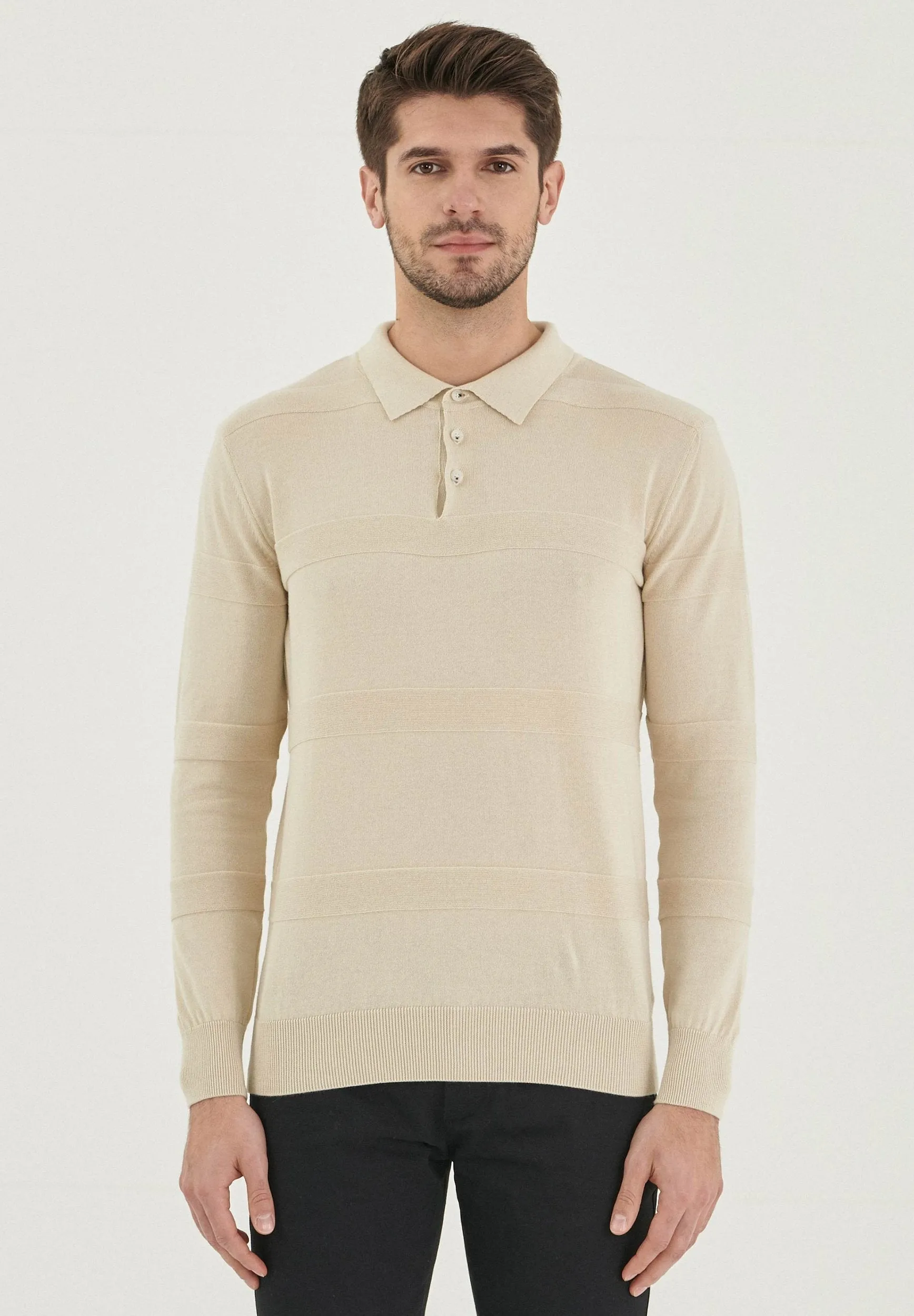 Men's Polo Collar Striped Knit Sweater Ecru sold by Ivalo.com