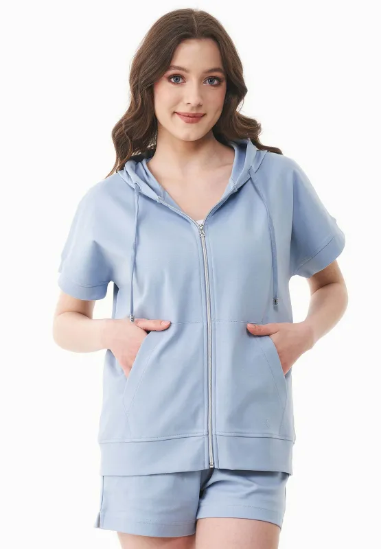 Women's Lightweight Short Sleeved Zipper Hoodie Ice Blue sold by Ivalo.com