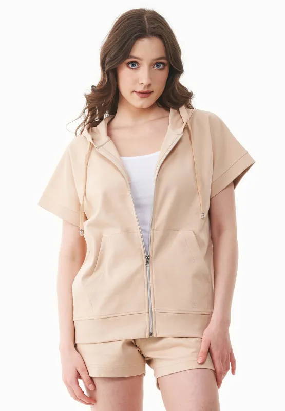 Women's Lightweight Short Sleeved Zipper Hoodie Soft Beige sold by Ivalo.com