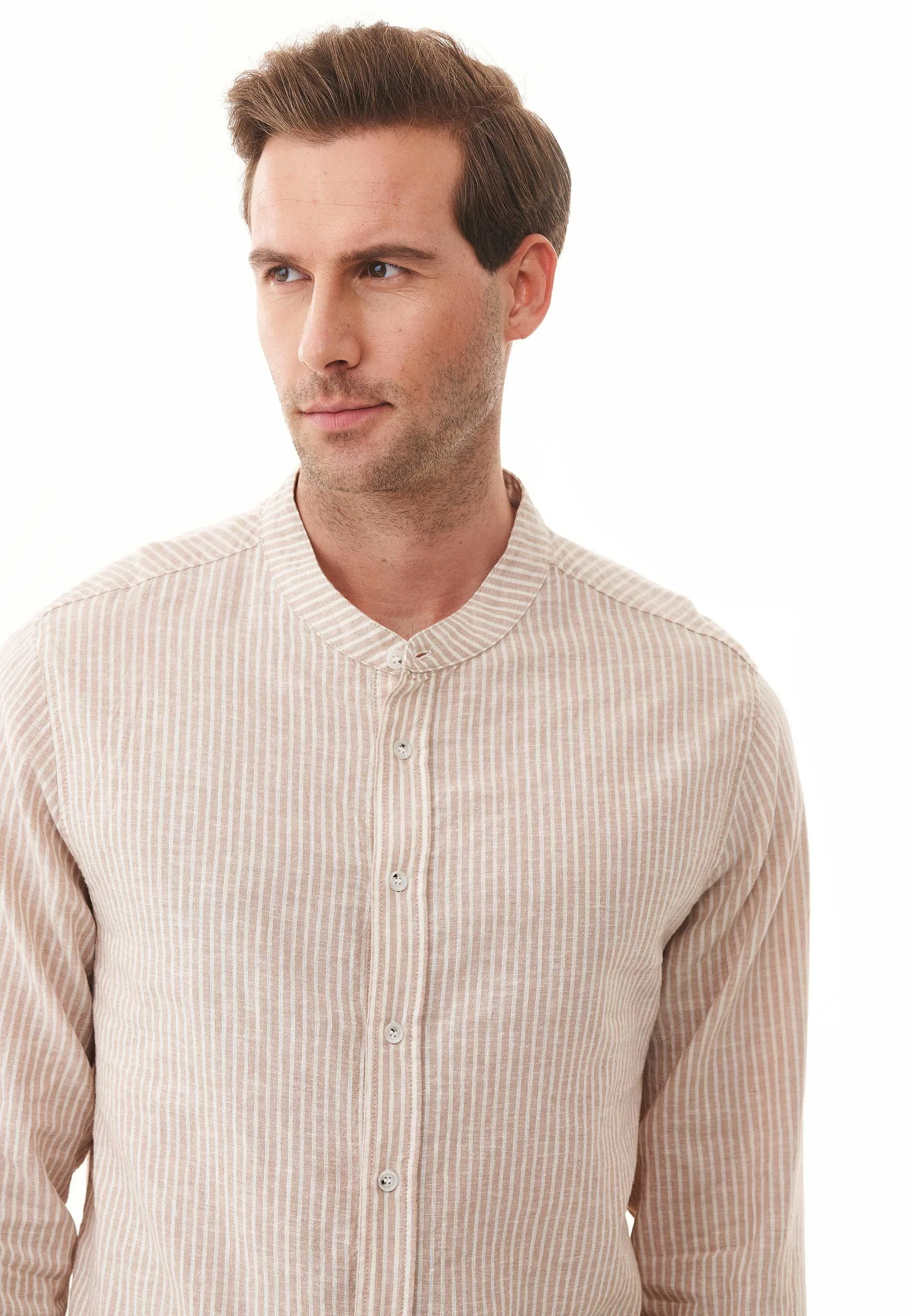Men's Striped Linen Blend Stand-Up Collar Shirt Sand / Ecru sold by Ivalo.com product image thumbnail 4