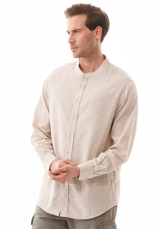 Men's Striped Linen Blend Stand-Up Collar Shirt Sand / Ecru sold by Ivalo.com