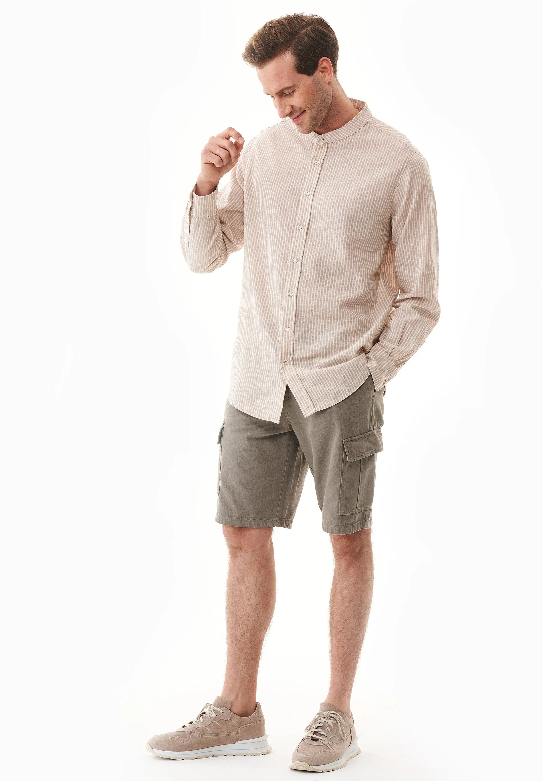 Men's Striped Linen Blend Stand-Up Collar Shirt Sand / Ecru sold by Ivalo.com product image thumbnail 3