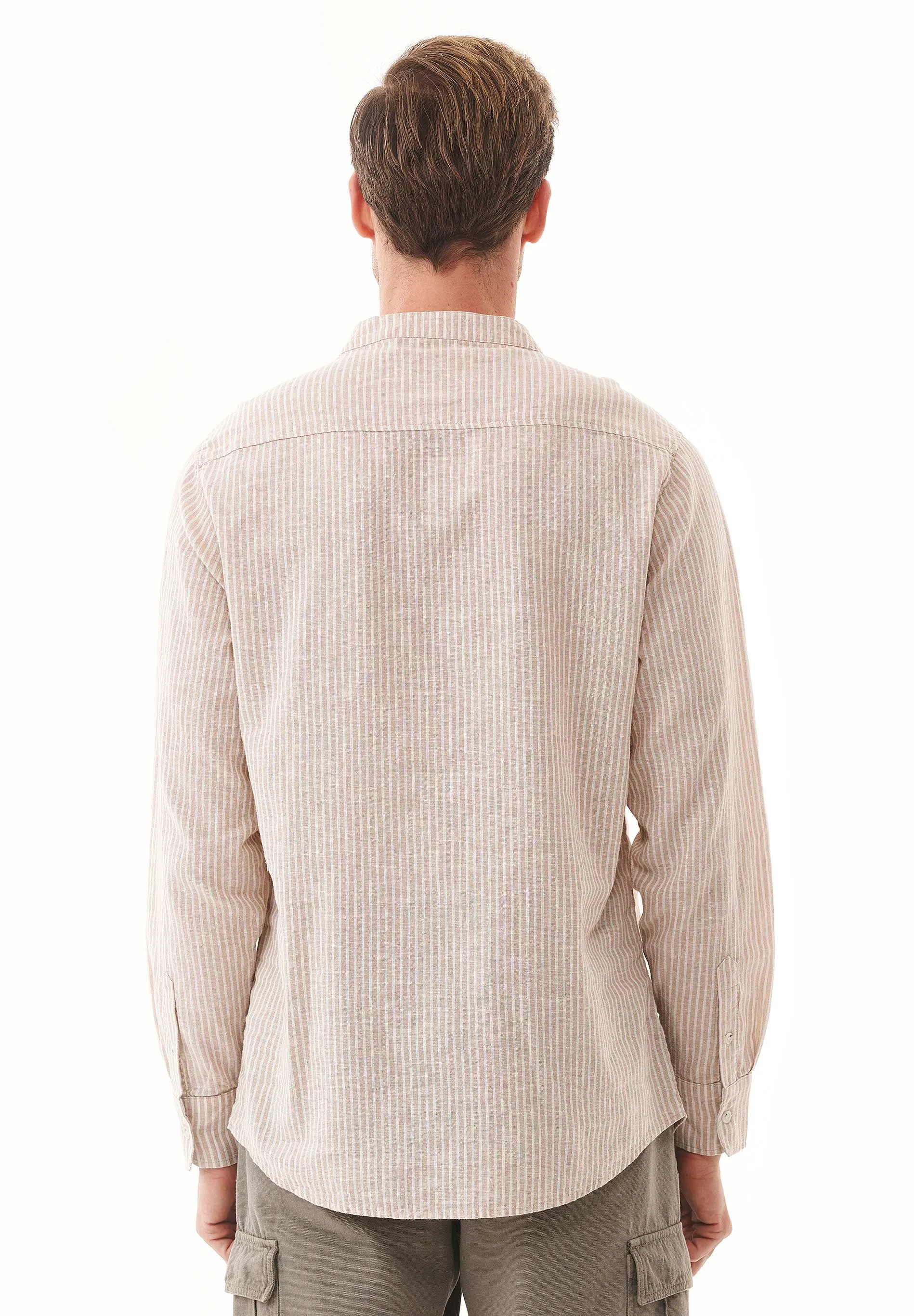 Men's Striped Linen Blend Stand-Up Collar Shirt Sand / Ecru sold by Ivalo.com product image thumbnail 2