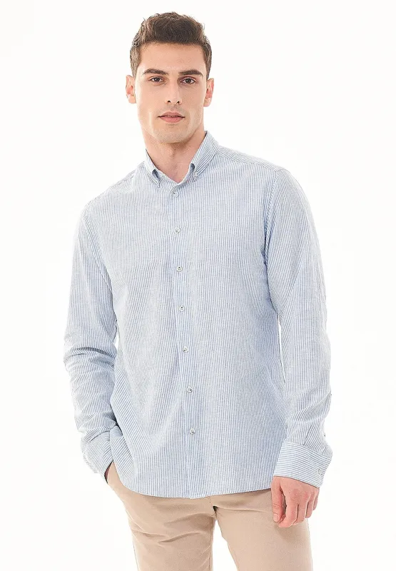 Men's Striped Linen Blend Button-Up Shirt Blue / White sold by Ivalo.com