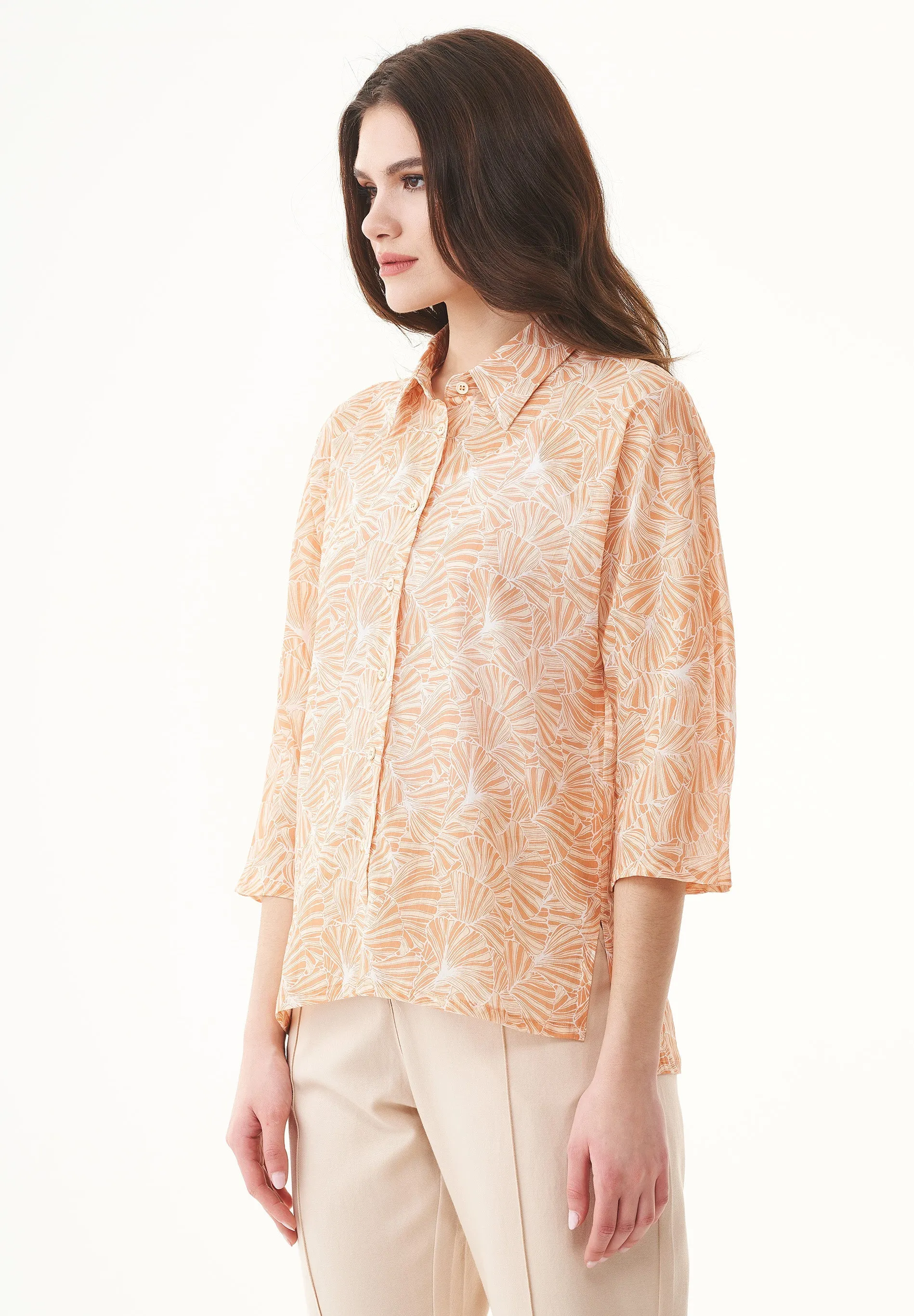 Patterned Organic Cotton Voile Button-Up Blouse Indian Tan Flower sold by Ivalo.com product image thumbnail 4