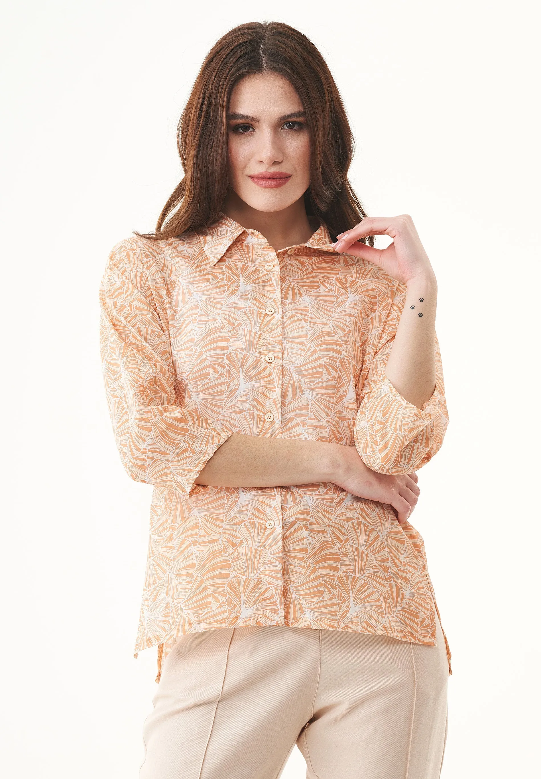 Patterned Organic Cotton Voile Button-Up Blouse Indian Tan Flower sold by Ivalo.com