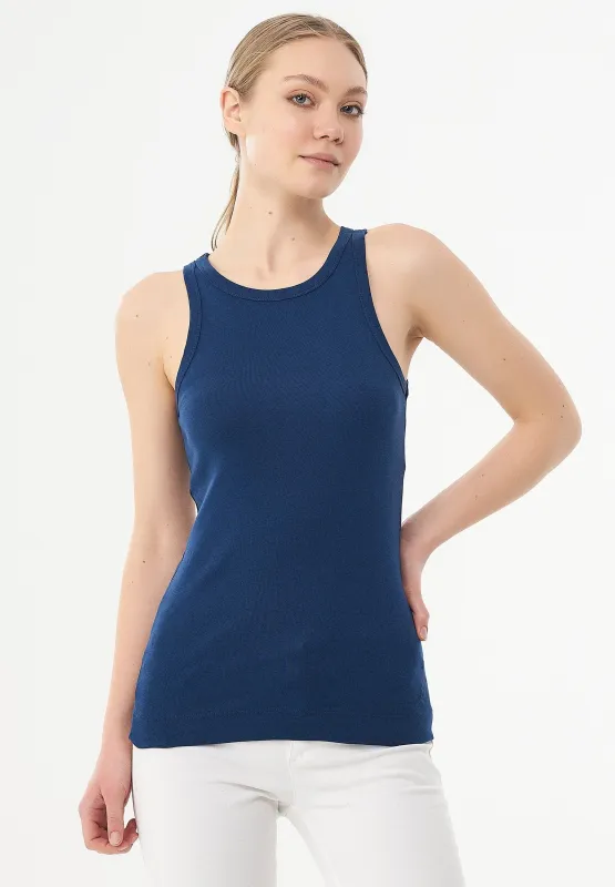 Women's High Neckline Ribbed Top Navy sold by Ivalo.com