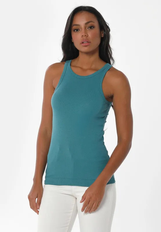Women's High Neckline Ribbed Top Petrol Green sold by Ivalo.com