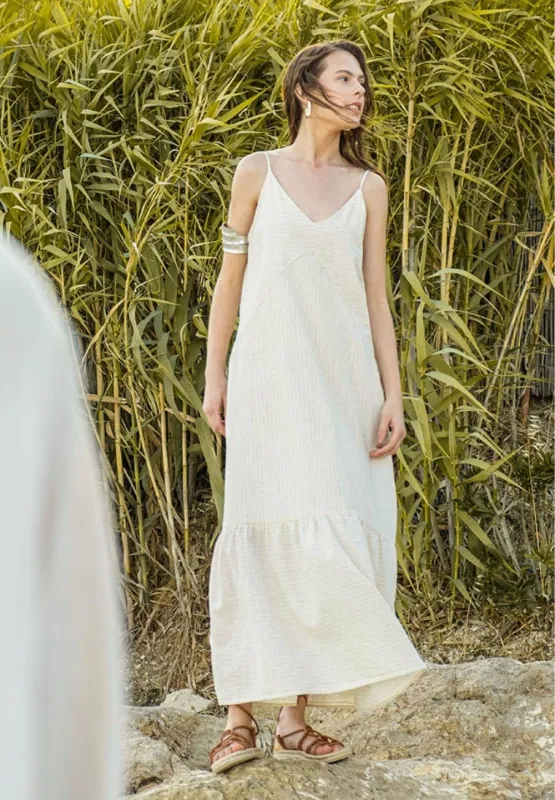 Striped Long V-Neck Summer Dress Natural/Off White sold by Ivalo.com