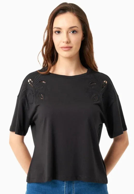 Laser-Cut Embroidery T-Shirt Black sold by Ivalo.com