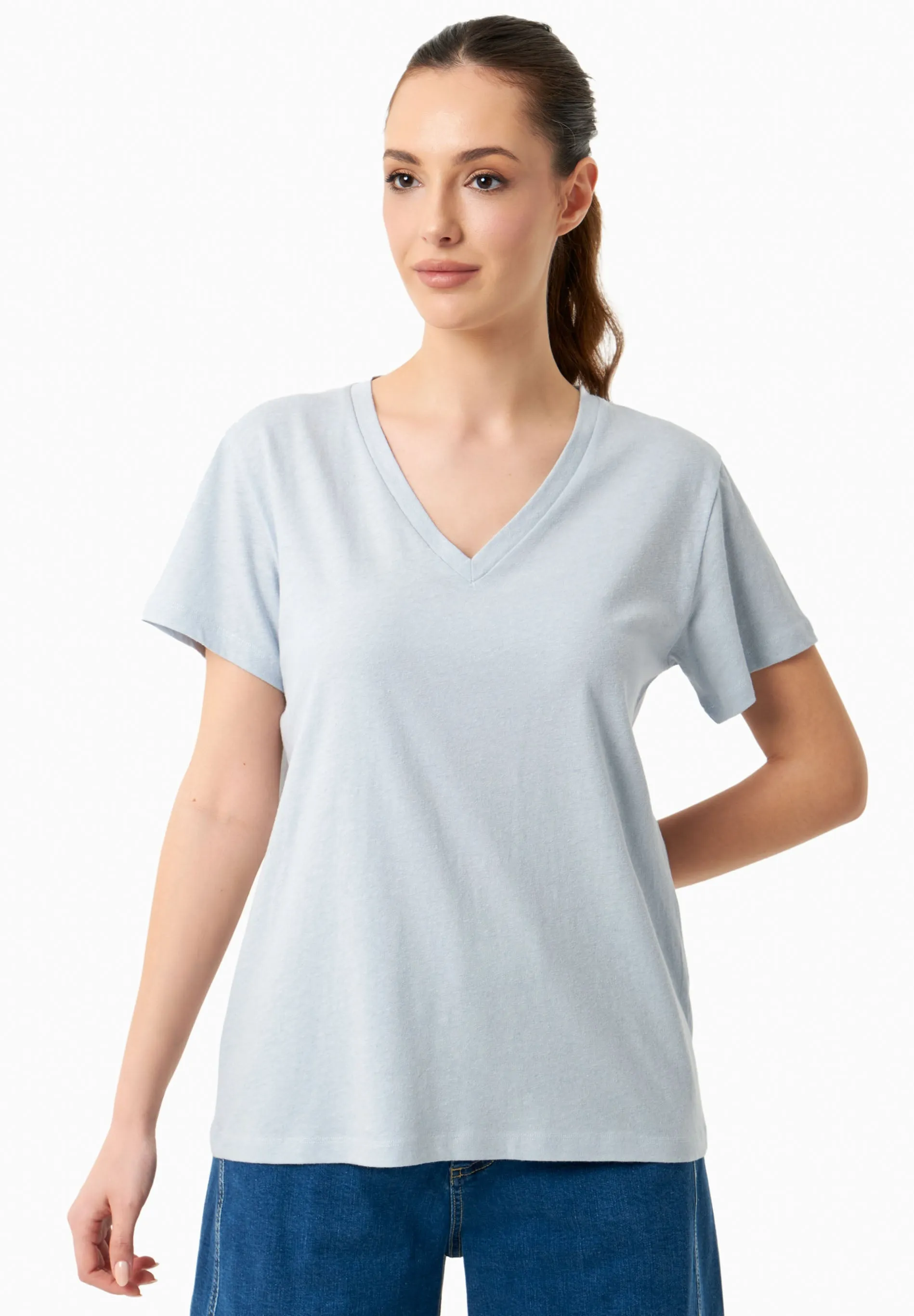 Linen Blend V-Neck T-Shirt Niagara Blue sold by Ivalo.com