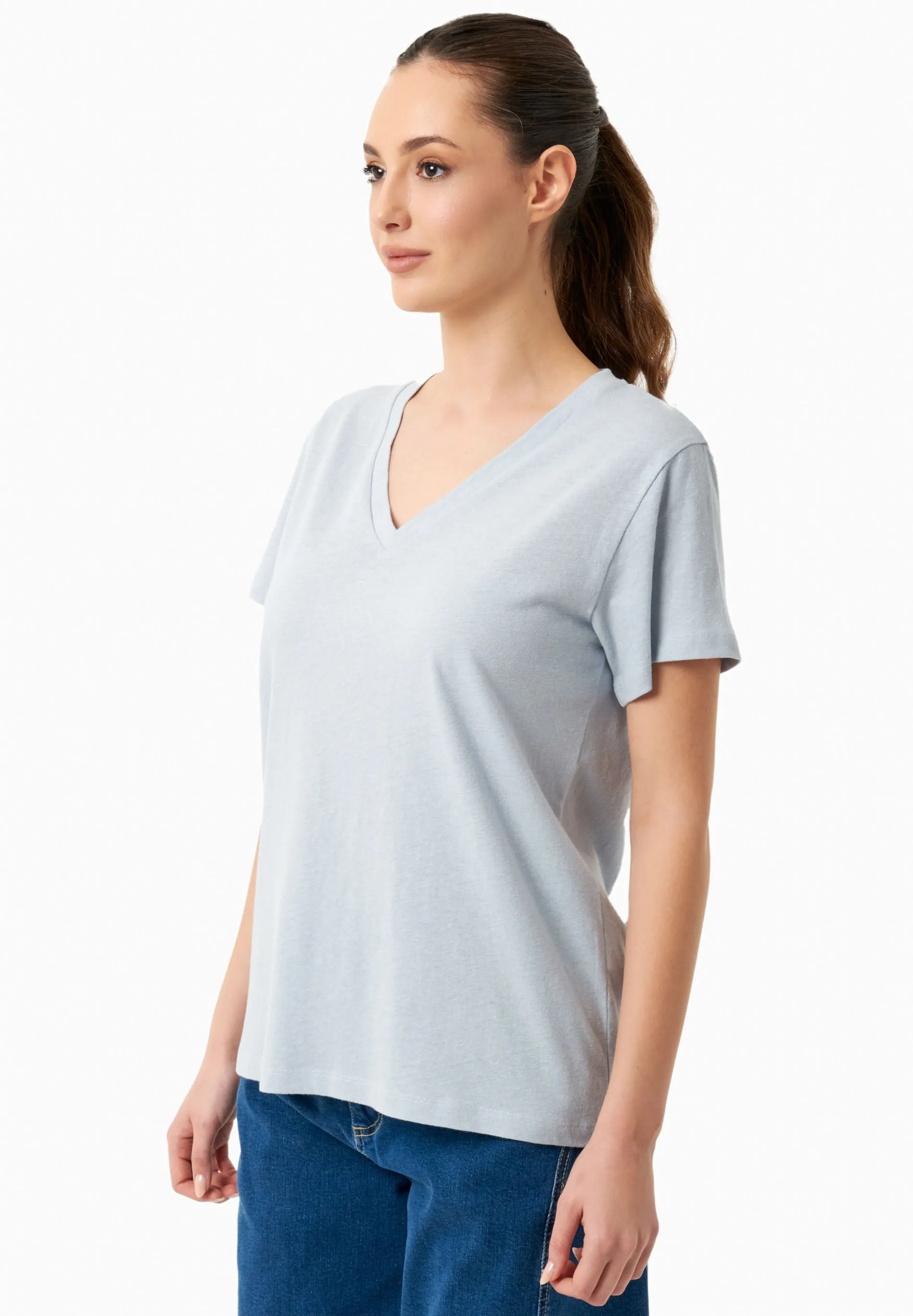 Linen Blend V-Neck T-Shirt Niagara Blue sold by Ivalo.com product image thumbnail 3