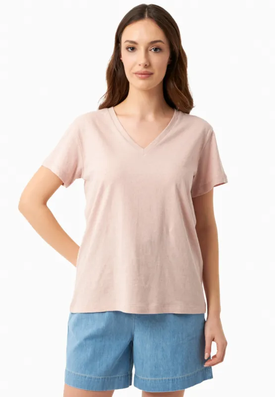 Linen Blend V-Neck T-Shirt Pastel Pink sold by Ivalo.com