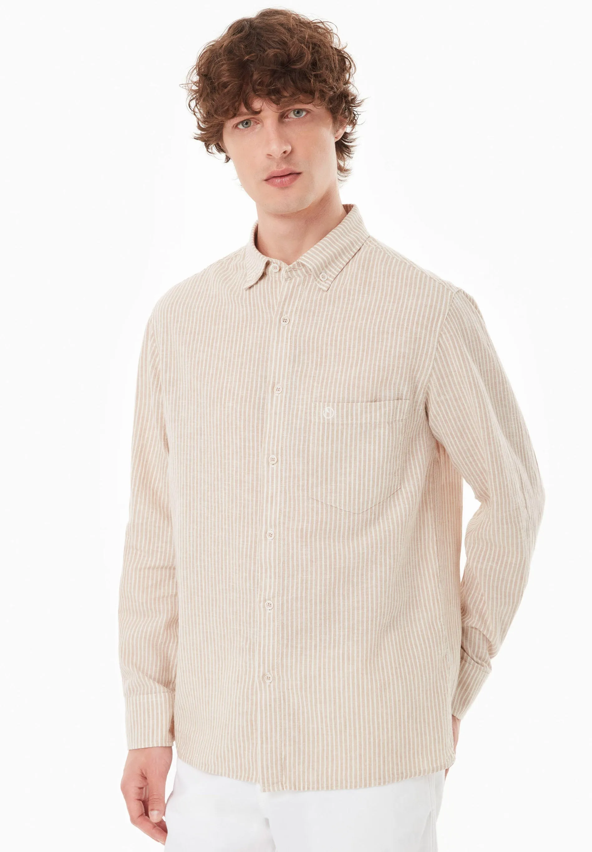 Men's Striped Linen Blend Button-Up Shirt Beige/Off White sold by Ivalo.com product image thumbnail 3