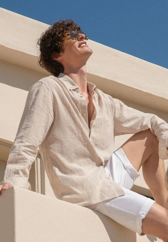Men's Striped Linen Blend Button-Up Shirt Beige/Off White sold by Ivalo.com