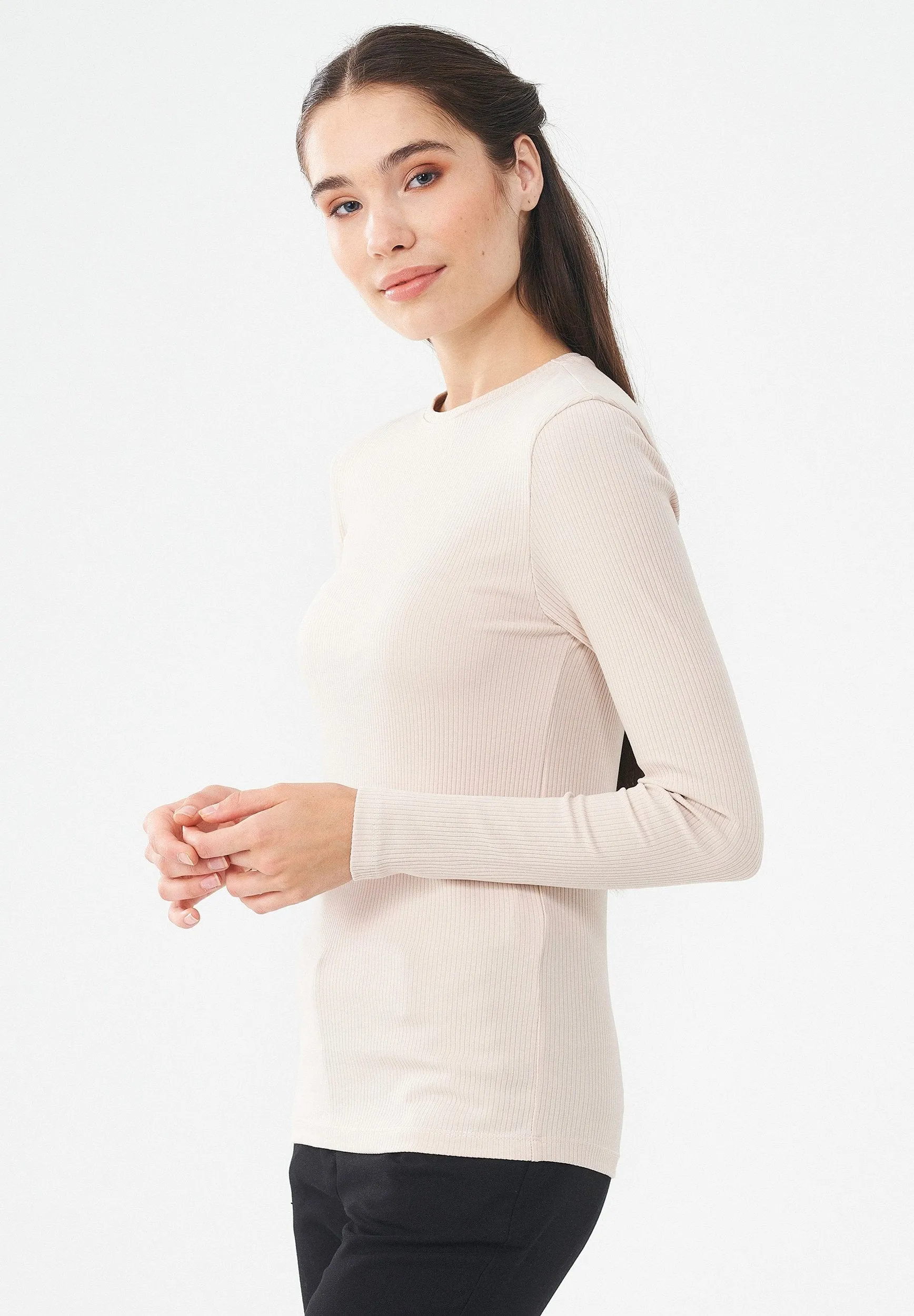 Women's Ribbed Round Neck Long-Sleeved Top Stone sold by Ivalo.com product image thumbnail 4