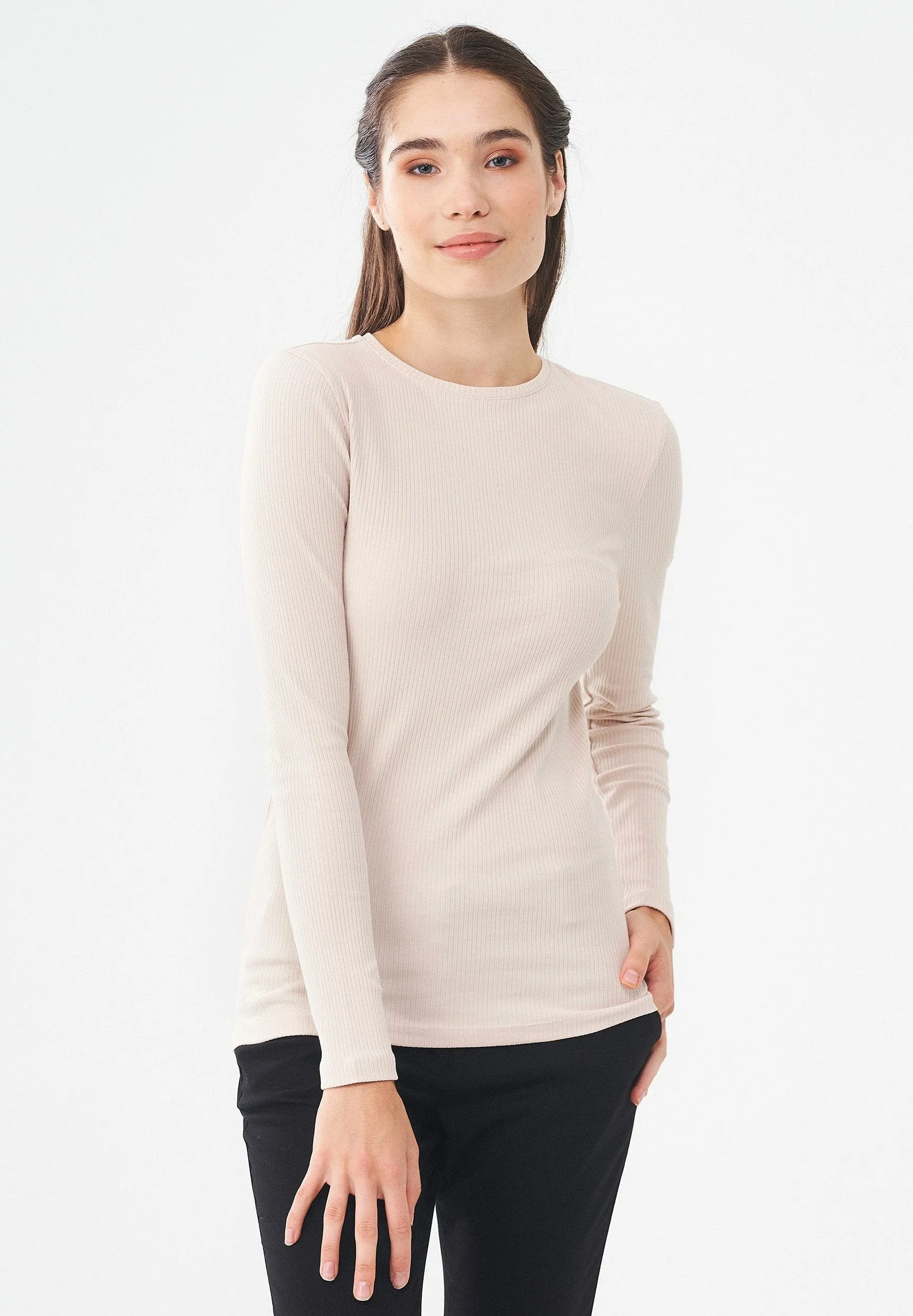 Women's Ribbed Round Neck Long-Sleeved Top Stone sold by Ivalo.com