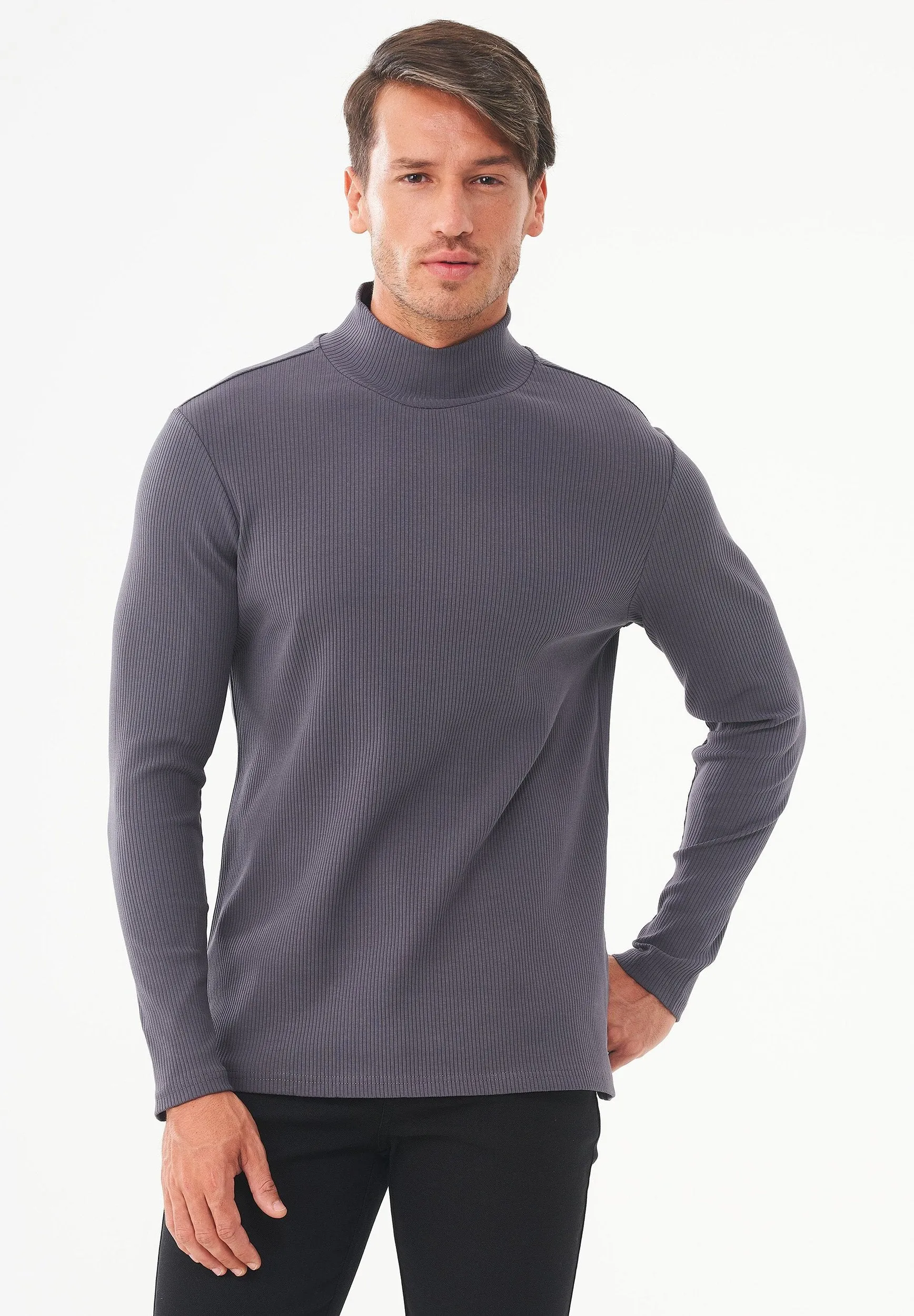 Men's Long-Sleeved Ribbed Turtleneck Shirt Asphalt sold by Ivalo.com