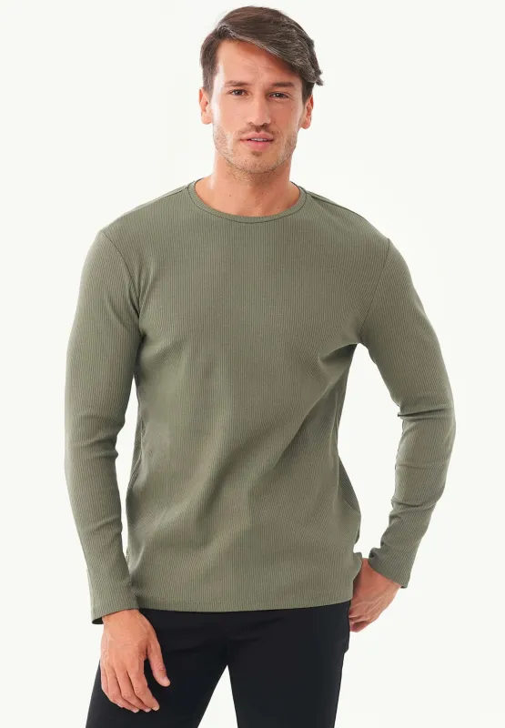 Men's Long-Sleeved Ribbed O-Neck Shirt Khaki sold by Ivalo.com