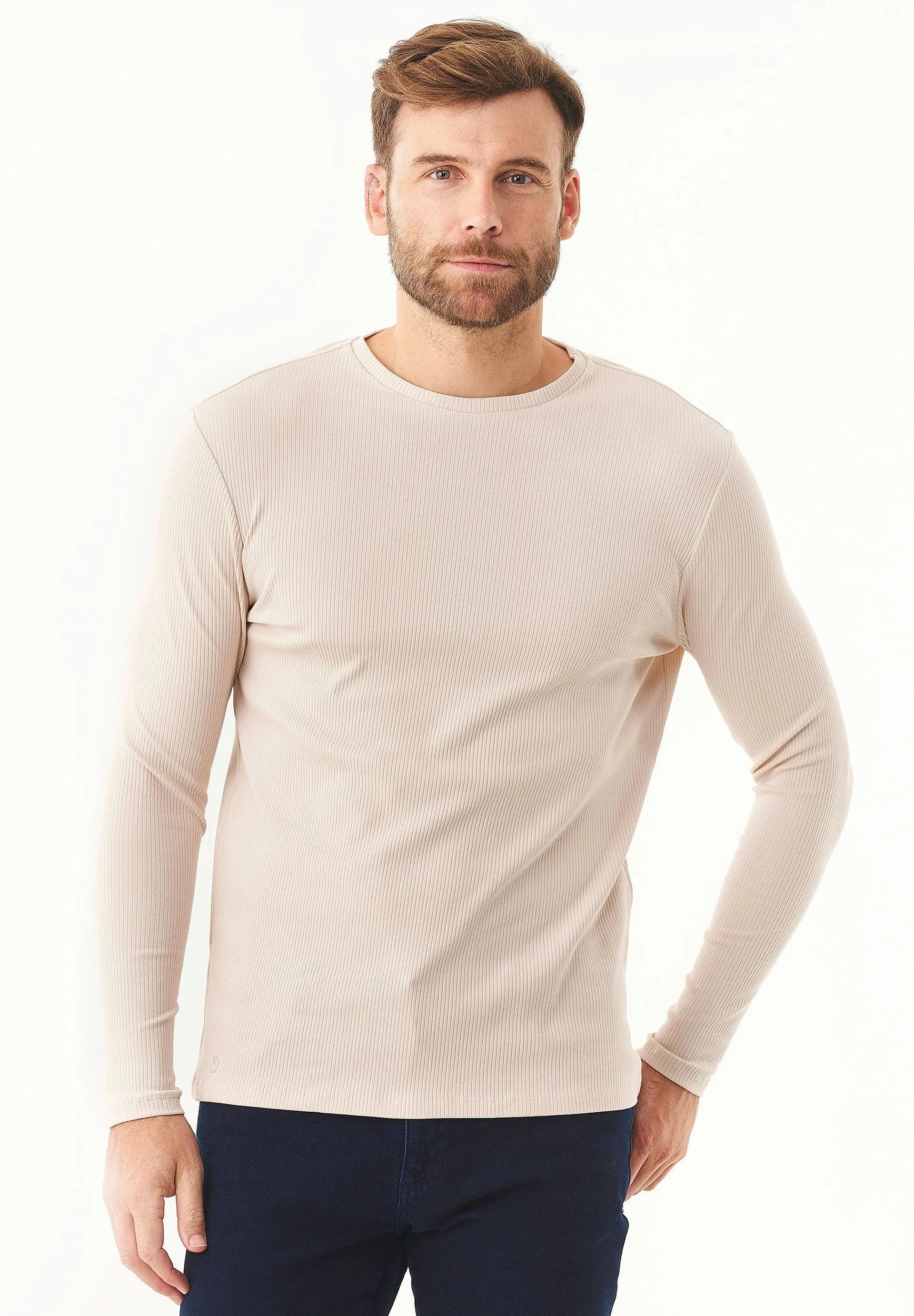 Men's Long-Sleeved Ribbed O-Neck Shirt Stone sold by Ivalo.com