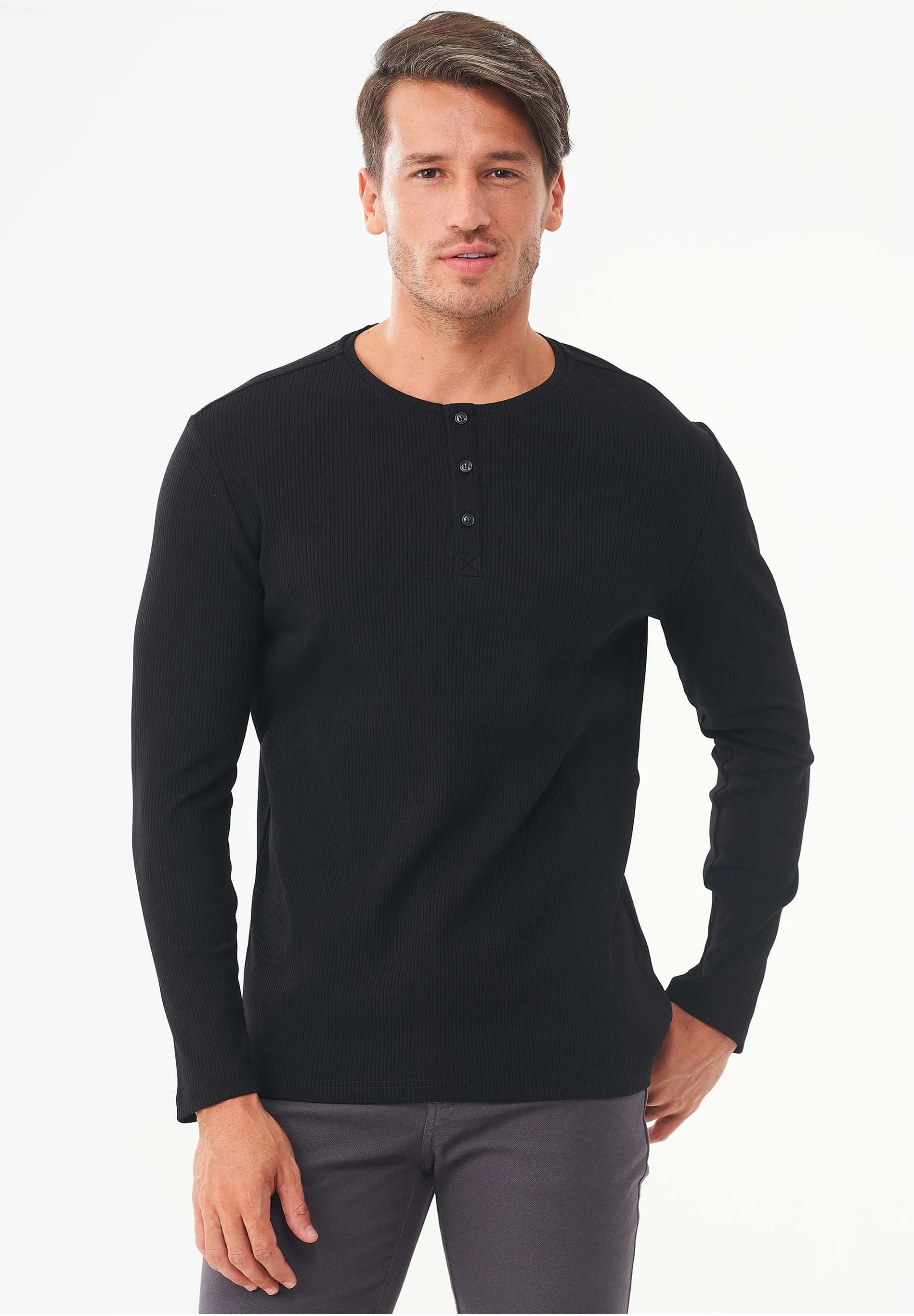 Men's Long-Sleeved Ribbed Henley Shirt Black sold by Ivalo.com