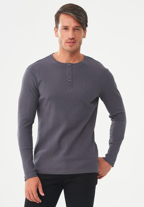 Men's Long-Sleeved Ribbed Henley Shirt Asphalt sold by Ivalo.com