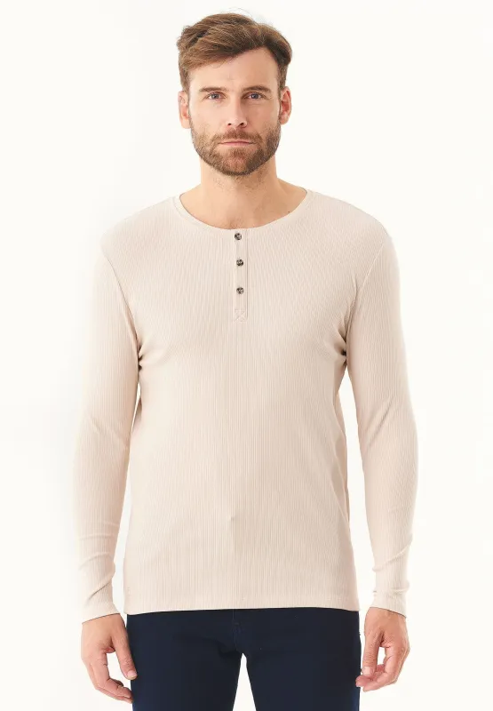 Men's Long-Sleeved Ribbed Henley Shirt Stone sold by Ivalo.com