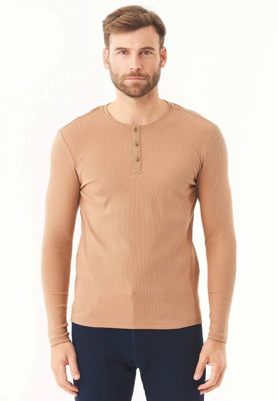 Men's Long-Sleeved Ribbed Henley Shirt Light Brown sold by Ivalo.com