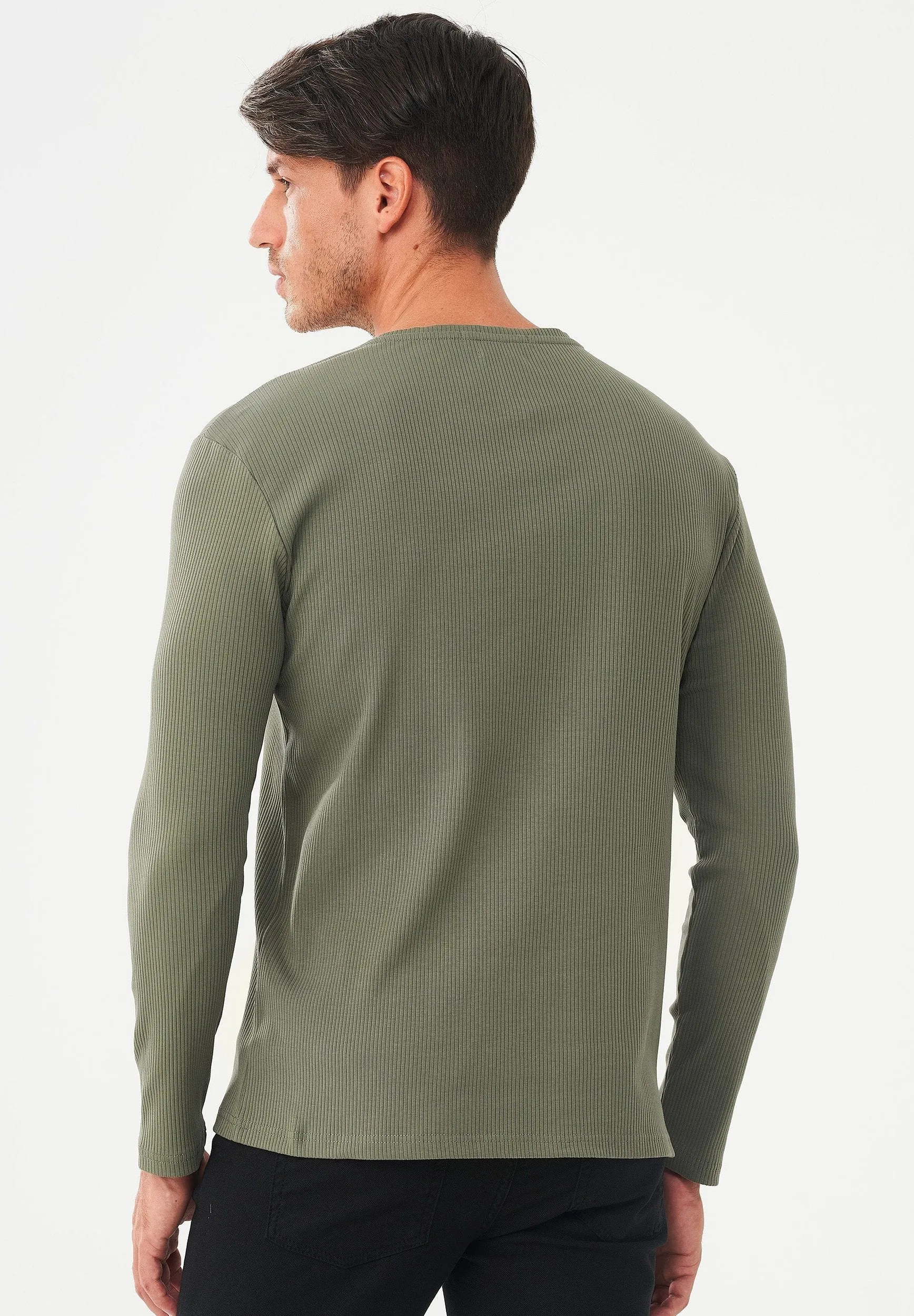 Men's Long-Sleeved Ribbed Henley Shirt Khaki sold by Ivalo.com product image thumbnail 2