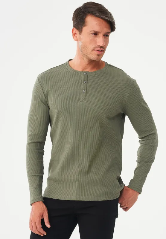 Men's Long-Sleeved Ribbed Henley Shirt Khaki sold by Ivalo.com