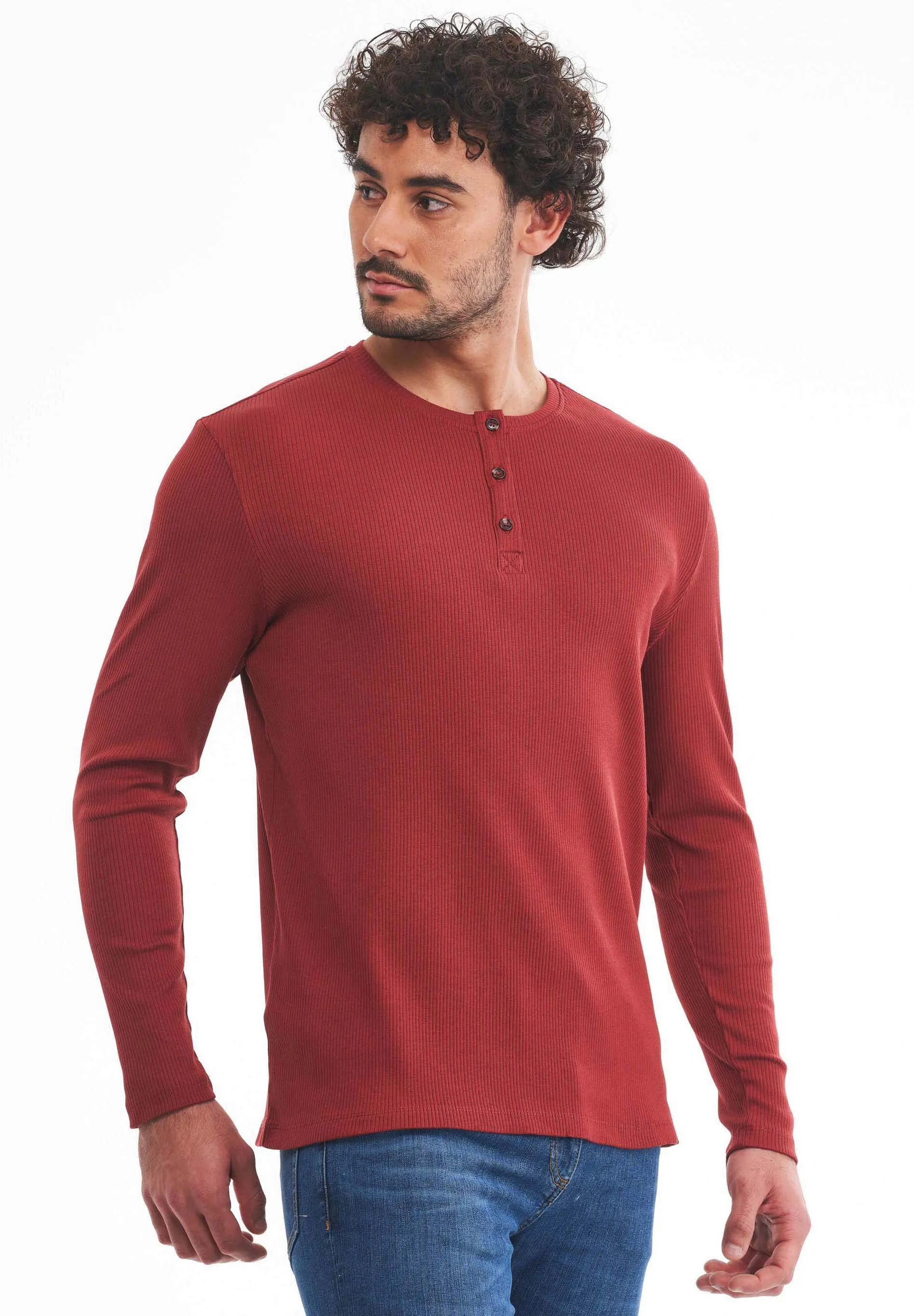 Men's Long-Sleeved Ribbed Henley Shirt Merlot sold by Ivalo.com product image thumbnail 5