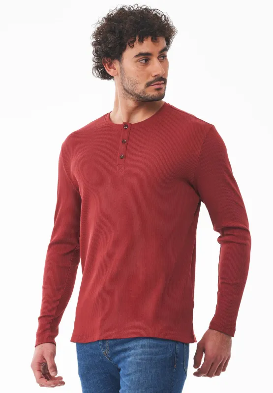 Men's Long-Sleeved Ribbed Henley Shirt Merlot sold by Ivalo.com