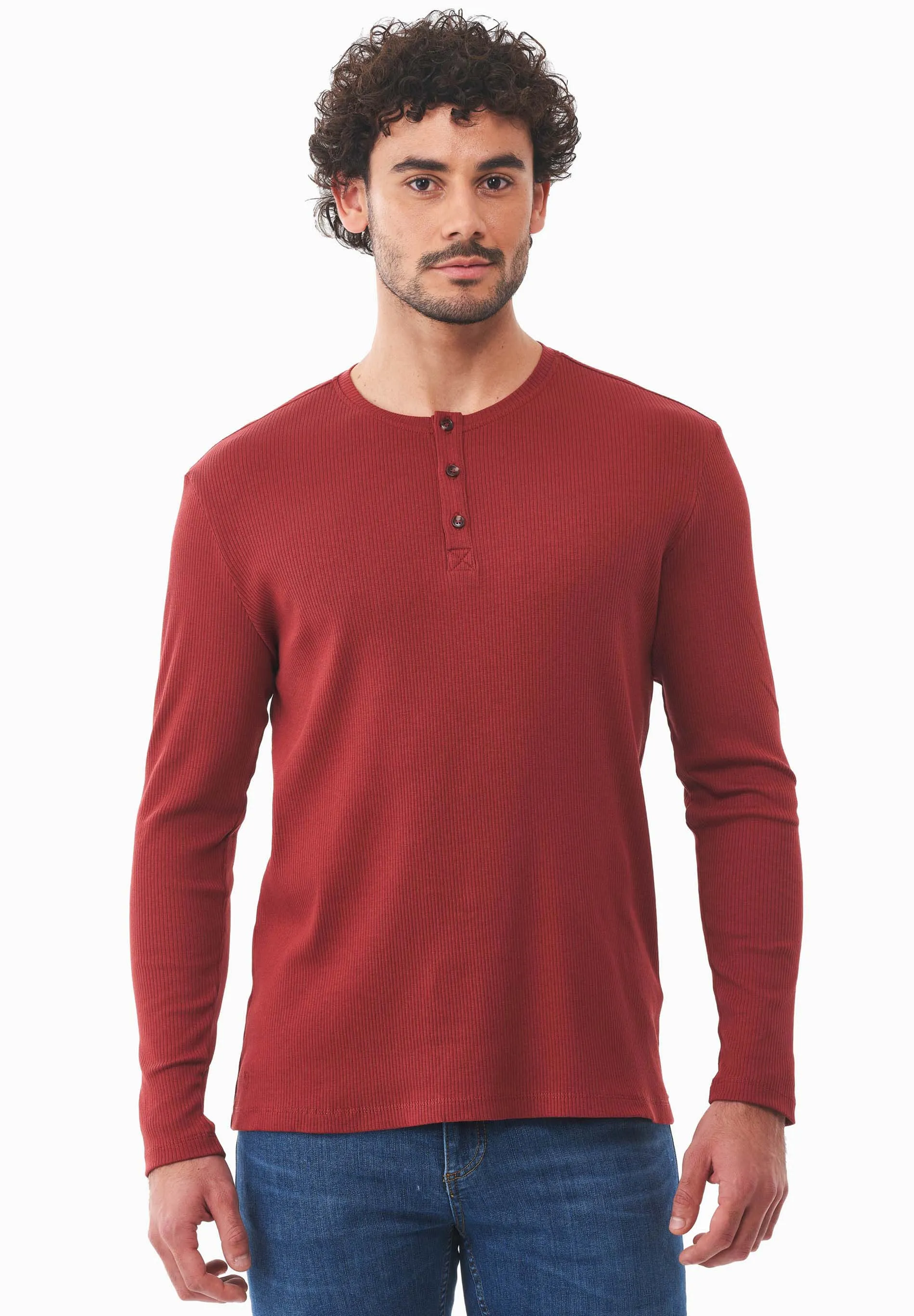 Men's Long-Sleeved Ribbed Henley Shirt Merlot sold by Ivalo.com product image thumbnail 3