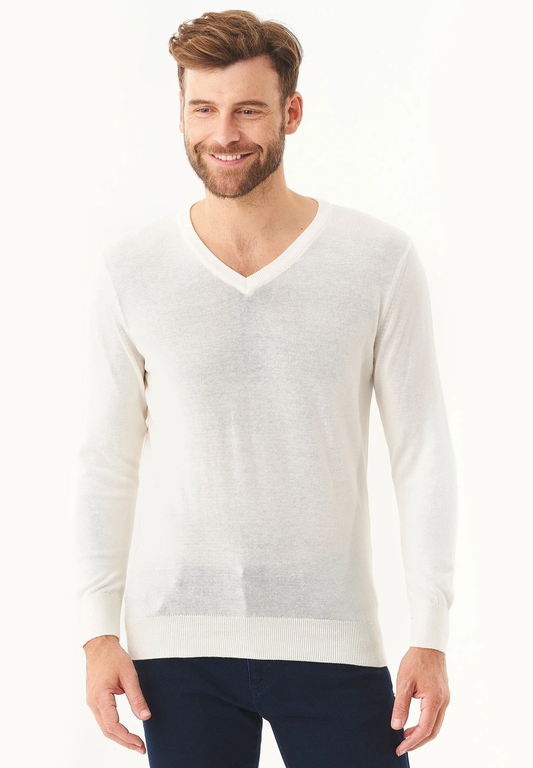 Men's V-Neck Organic Cotton Sweater Off White sold by Ivalo.com